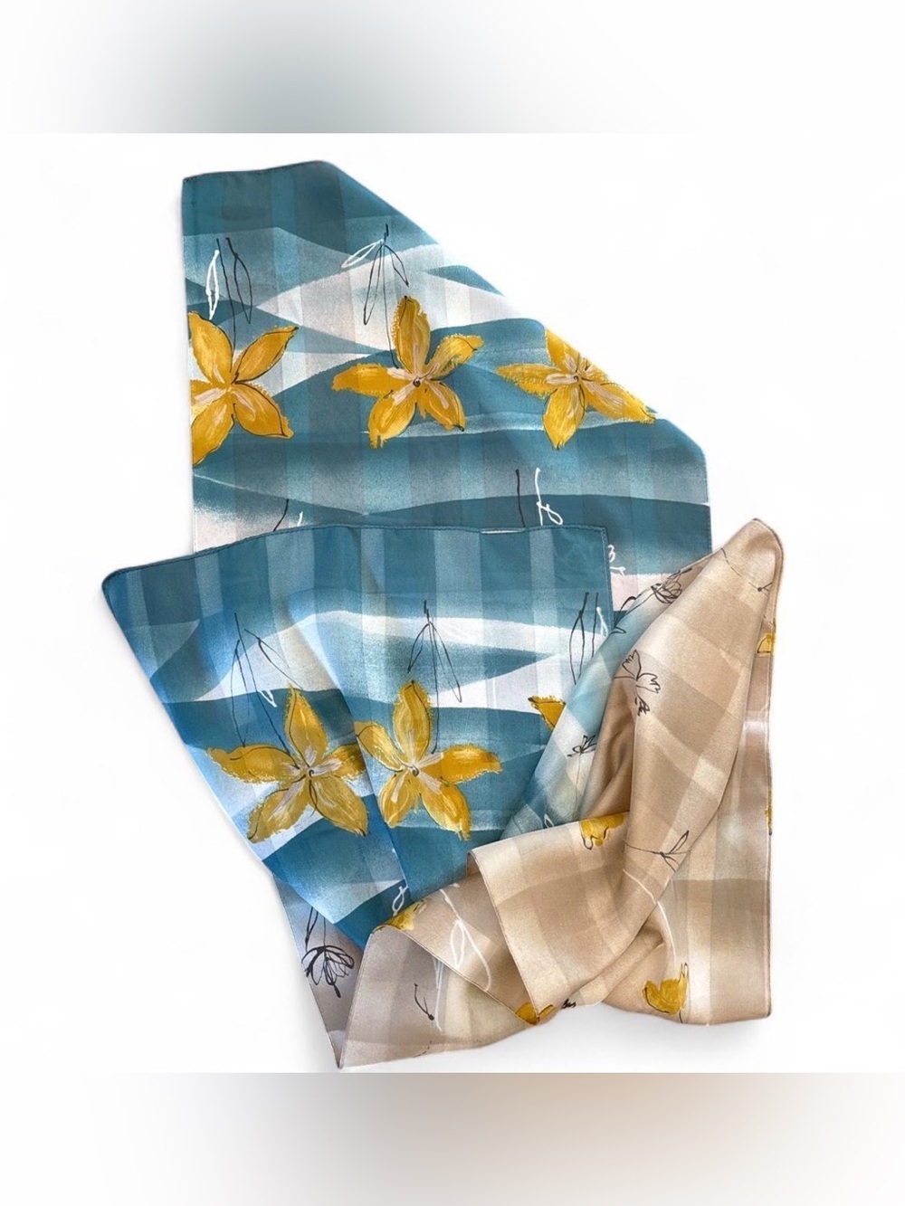 Blue and beige scarf with gold floral motifs and white stripes